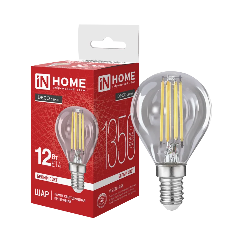 Лампа светодиодная LED-ШАР-deco 12Вт 230В Е14 4000К 1350Лм прозрачная IN HOME