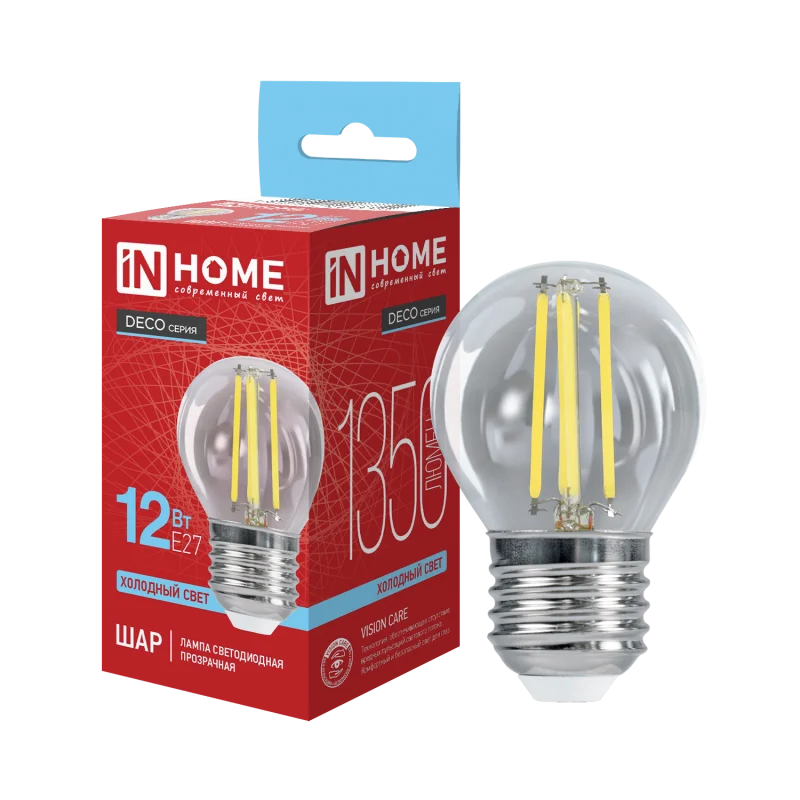 Лампа светодиодная LED-ШАР-deco 12Вт 230В Е27 6500К 1350Лм прозрачная IN HOME