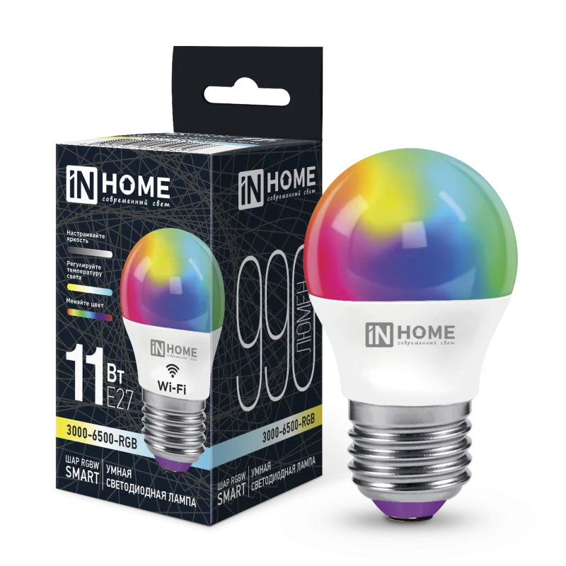 Лампа светодиодная LED-ШАР-RGBW-SMART 11Вт 230В димм. Е27 3000-6500К 990Лм IN HOME
