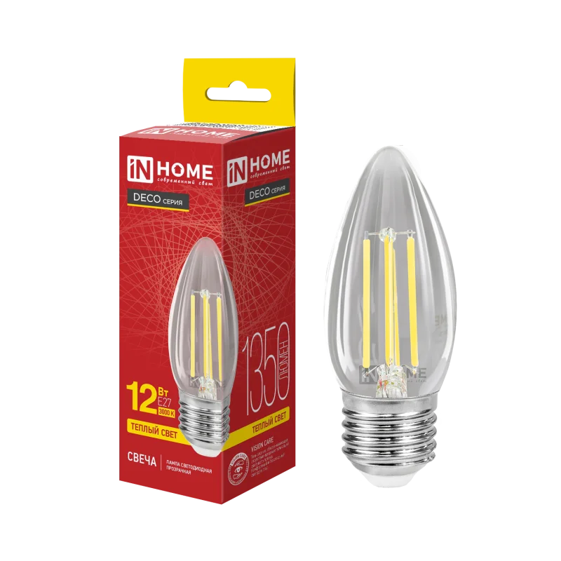 Лампа светодиодная LED-СВЕЧА-deco 12Вт 230В Е27 3000К 1350Лм прозрачная IN HOME