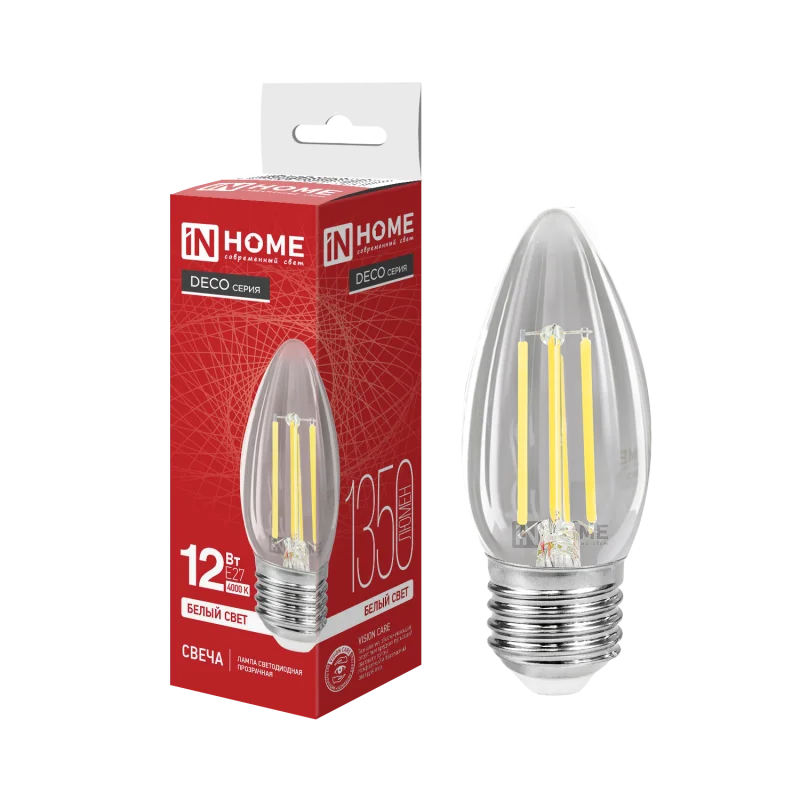 Лампа светодиодная LED-СВЕЧА-deco 12Вт 230В Е27 4000К 1350Лм прозрачная IN HOME