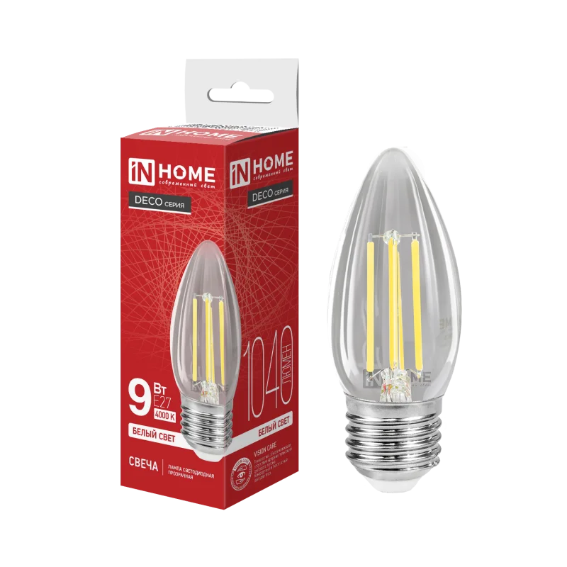 Лампа светодиодная LED-СВЕЧА-deco 9Вт 230В 230В Е27 4000К 1040Лм прозрачная IN HOME