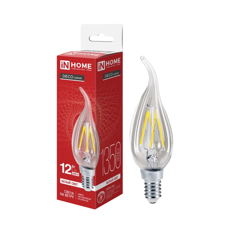 Лампа светодиодная LED СВЕЧА НА ВЕТРУ deco 12 Вт 230 В Е14 4000К 1350 Лм прозрачная