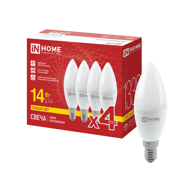 Лампа светодиодная LED-СВЕЧА-VC 4PACK 14Вт 230В Е14 3000К 1330Лм (4шт./упак) IN HOME