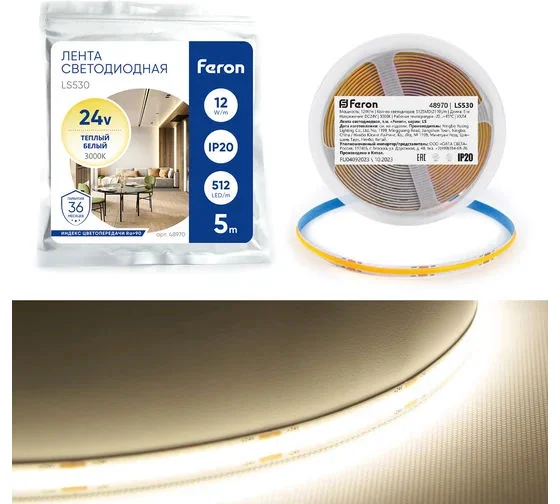 Лента светодиодная 12Вт/м 24V 3000К IP20 512SMD(2110) 5000*10*1.8мм , LS530 FERON Арт. 48970