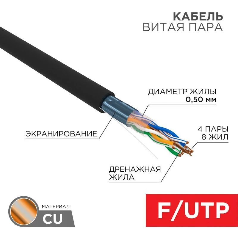 Провод FTP-4PR 24AWG CAT5e 305м наружный REXANT 01-0146 (4х2х0.52) Медь