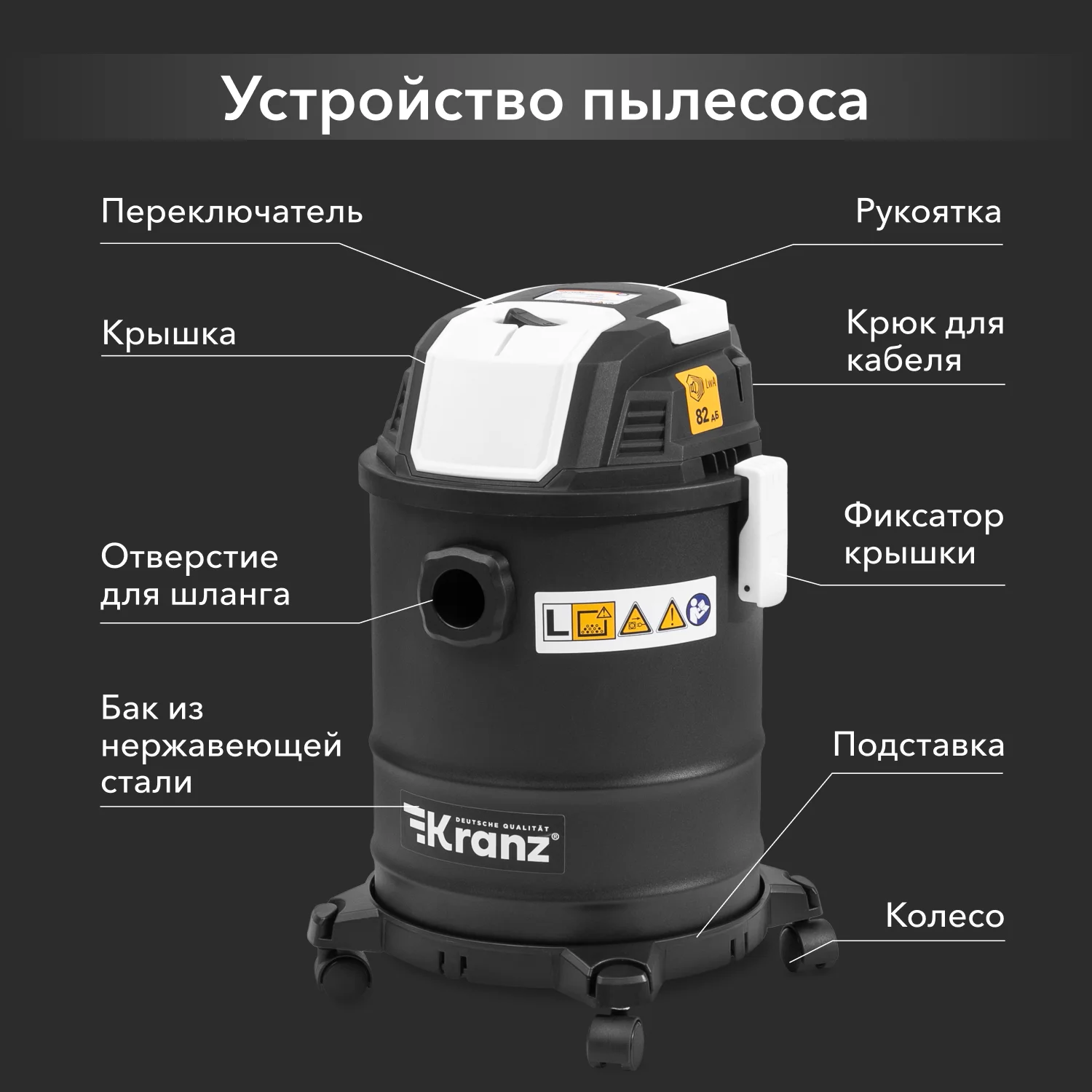 Пылесос строительный KR15, 1200Вт, 15л, 4м KRANZ KR-16-1115 — фото 11
