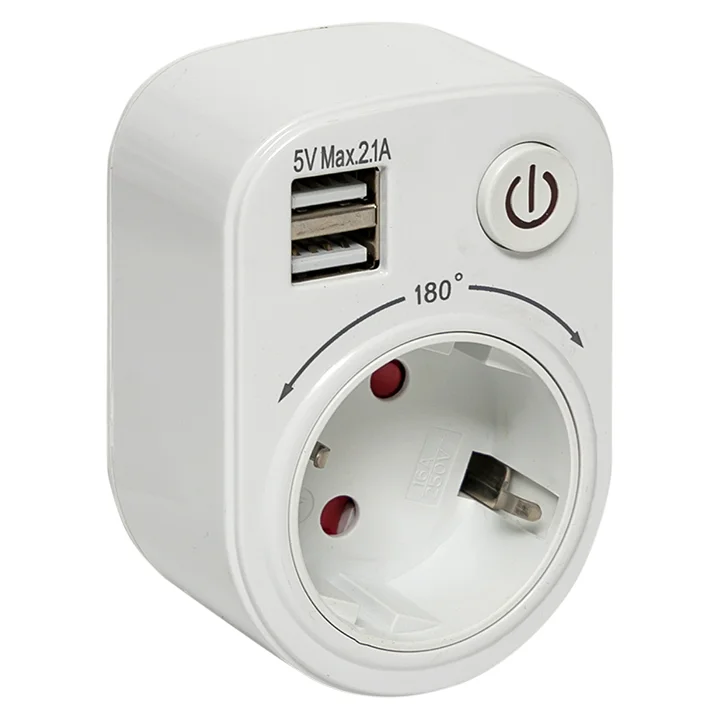Разветвитель 1-м с/з 16А + 2хUSB 2,1А с выкл., поворот. 180гр. розетки (белый) EKF SB-01