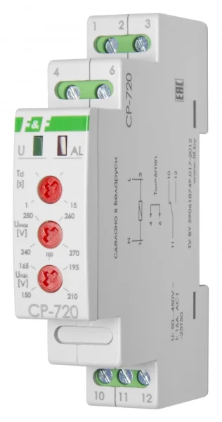 Реле контроля напряжения CP-720 ЕА04.009.002 150-450В 16А 1Р IP20 однофазное, контроль верхнего и ни