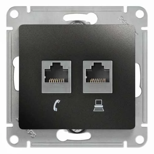 Розетка компьют.+ телеф. 2-м СП Glossa RJ45 + RJ11 кат.5E механизм антрацит SE GSL000785