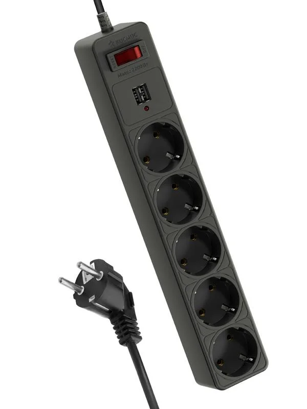 Сетевой фильтр 5 гнезд + 2USB с заземл. 10А (2,2 кВт) шнур 1,8м чёрный КОСМОС