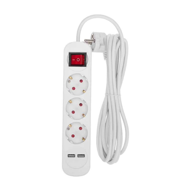 Удлинитель 3 гнезда + 2 USB, с/з, с выключателем, 16А, шнур 3м, белый, REXANT 13-4016
