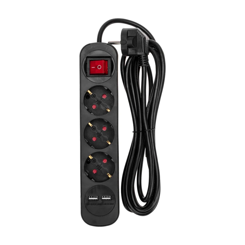 Удлинитель 3 гнезда + 2 USB, с/з, с выключателем, 16А, шнур 3м, черный, REXANT 13-4022