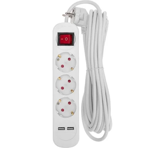 Удлинитель 3 гнезда + 2 USB, с/з, с выключателем, 16А, шнур 5м, белый, REXANT 13-4017