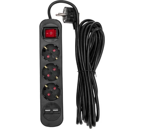 Удлинитель 3 гнезда + 2 USB, с/з, с выключателем, 16А, шнур 5м, черный, REXANT 13-4023 нн