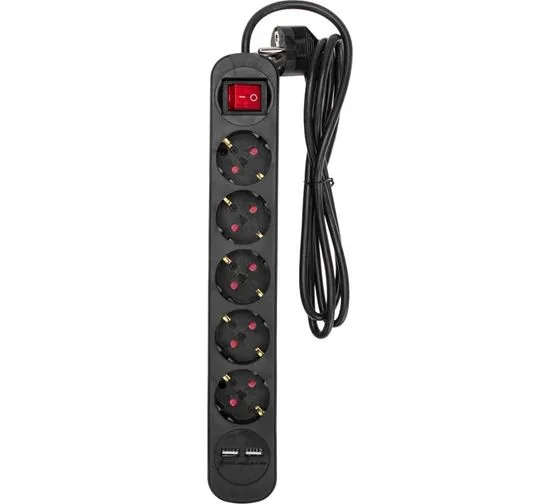 Удлинитель 5 гнезд+ 2 USB, с/з, с выключателем, 16А, шнур 1,5м черный, REXANT 13-4040 нн
