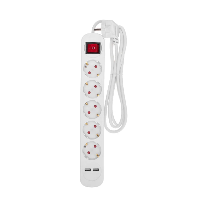 Удлинитель 5 гнезд+ 2 USB, с/з, с выключателем, 16А, шнур 1,5м белый, REXANT 13-4034