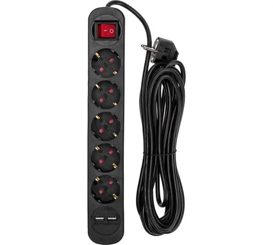 Удлинитель 5 гнезд+ 2 USB, с/з, с выключателем, 16А, шнур 5м, черный, REXANT 13-4042